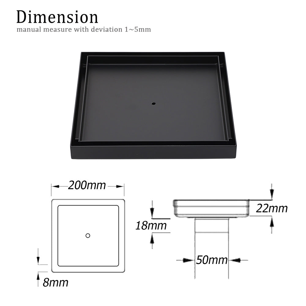 Matt Black Bathroom Big 200mm Tile Insert Floor Drain Shower Grate 50mm Outlet - Image 2