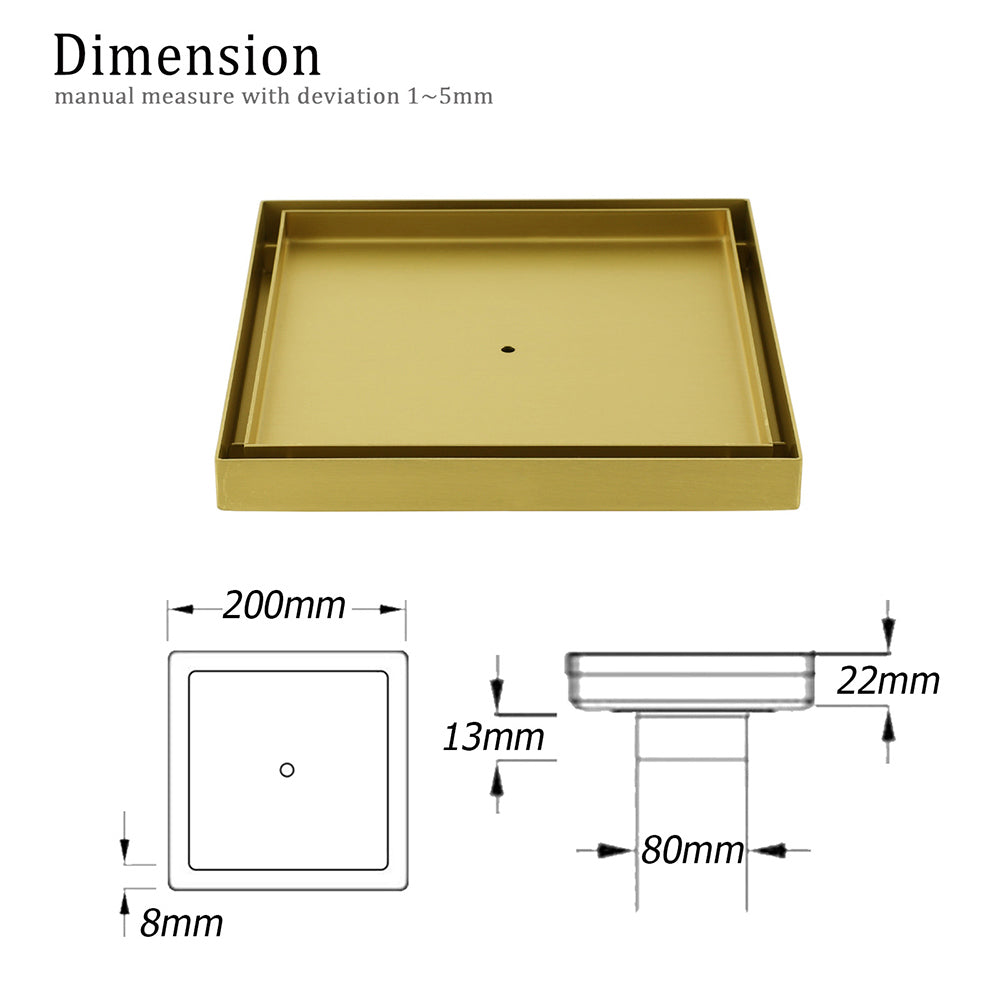Brushed Gold Large 200mm Tile Insert Bathroom Floor Drain Grate 80mm Waste Outet - Image 2
