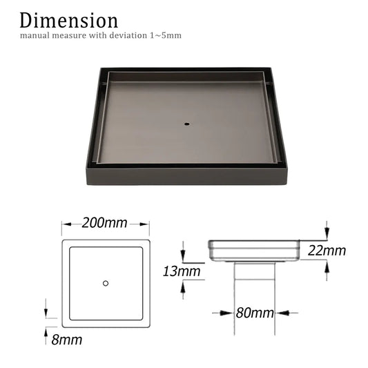 Gun Metal Large Square 200x200mm Tile Insert Floor Drain Shower Grate 80mm Waste - Image 2