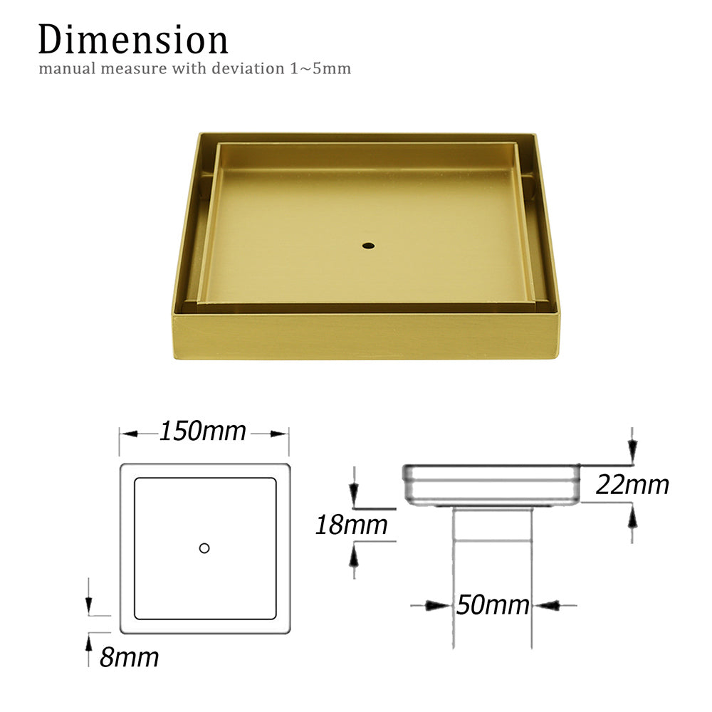 Brushed Gold Square 150x150mm Tile Insert Floor Drain Shower Grate 50mm Waste - Image 2