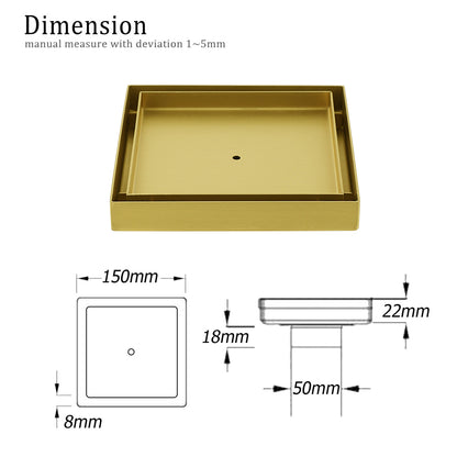 Brushed Gold Square 150x150mm Tile Insert Floor Drain Shower Grate 50mm Waste - Image 2