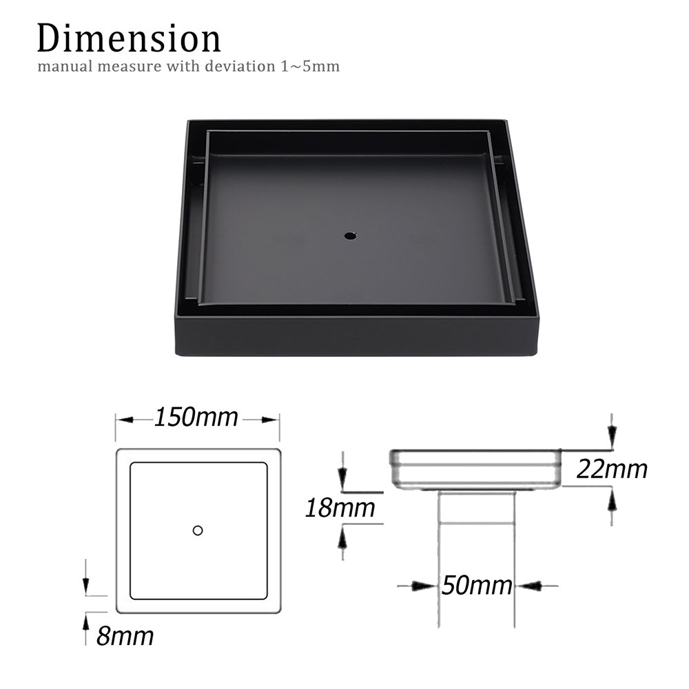 Matt Black 150x150mm Tile Insert Floor Drain Shower Grate 50mm Outlet Watermark - Image 2