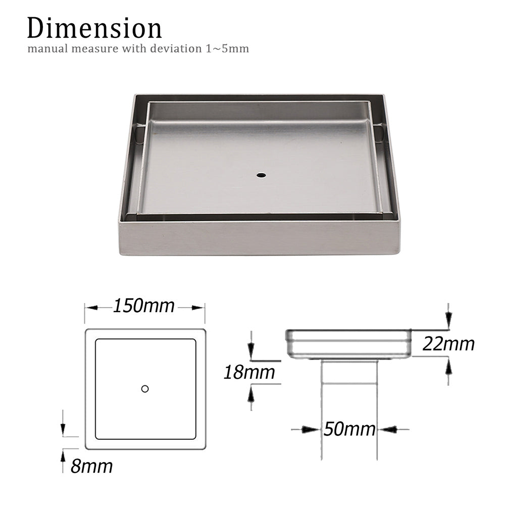 150x150mm Square Tile Insert Floor Drain Stainless Steel Shower Grate 50mm Waste - Image 2