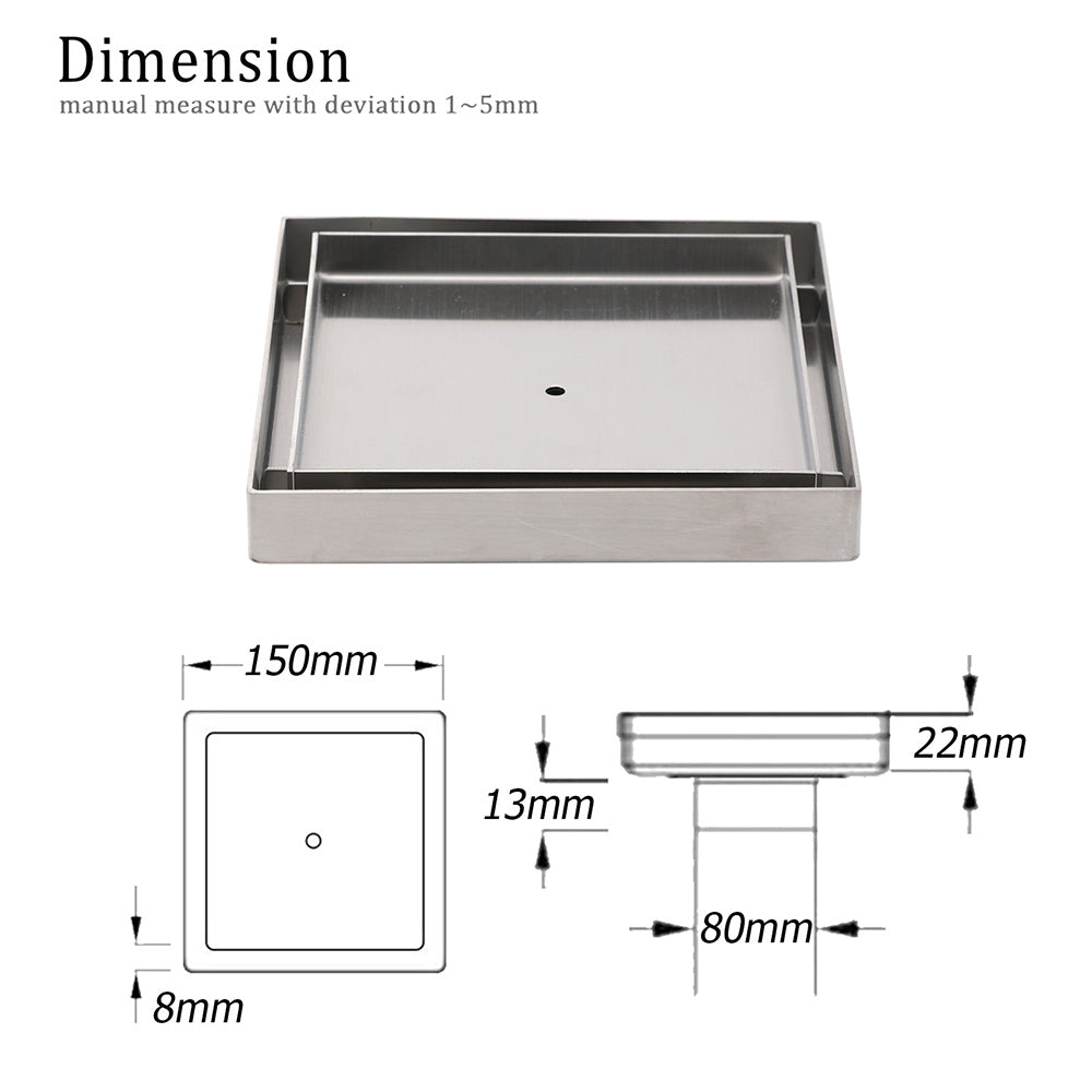 Square 150x150mm Tile Insert Floor Drain 80mm Waste Stainless Steel Shower Grate - Image 2