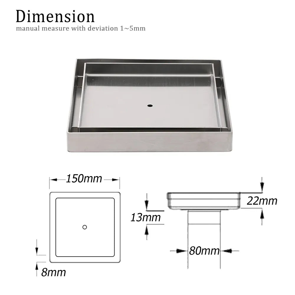 Square 150x150mm Tile Insert Floor Drain 80mm Waste Stainless Steel Shower Grate - Image 2