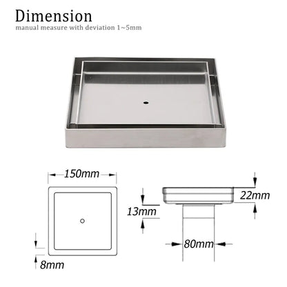 Square 150x150mm Tile Insert Floor Drain 80mm Waste Stainless Steel Shower Grate - Image 2