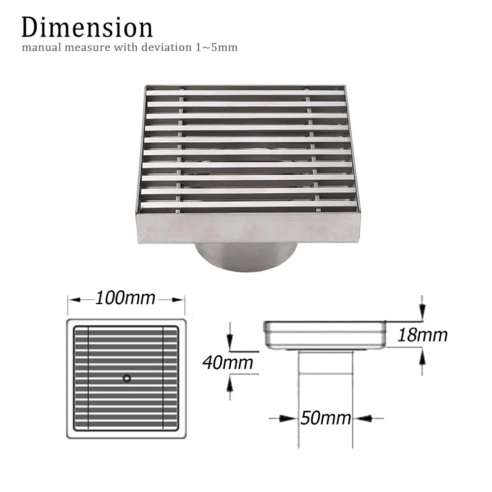 Bathroom SUS 100mm Square Strip Fence Sword Shower Grate Floor Drain 50mm Outlet - Image 2