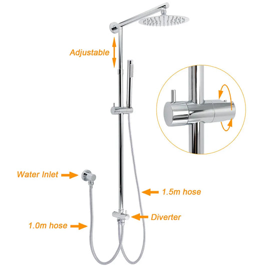 WELS Chrome Round 8" Thin Rainfall Head Metal Handheld Sliding Rail Arm Dual Shower Twin Taps Set - Image 2