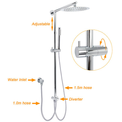 WELS Chrome 10" Round Rain Handheld Twin Shower Head Arm Sliding Rail Arm Double Taps Control - Image 2