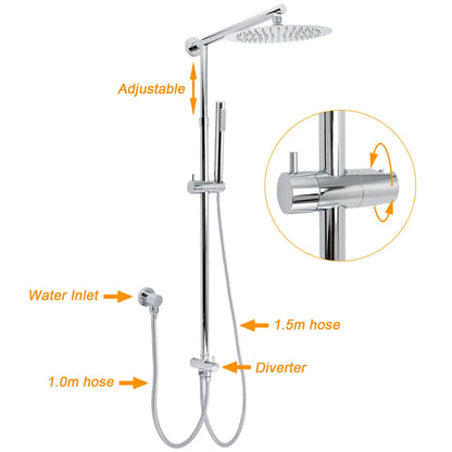 WELS Chrome 10" Round Rain Handheld Twin Shower Head Arm Sliding Rail Arm Double Taps Control - Image 2