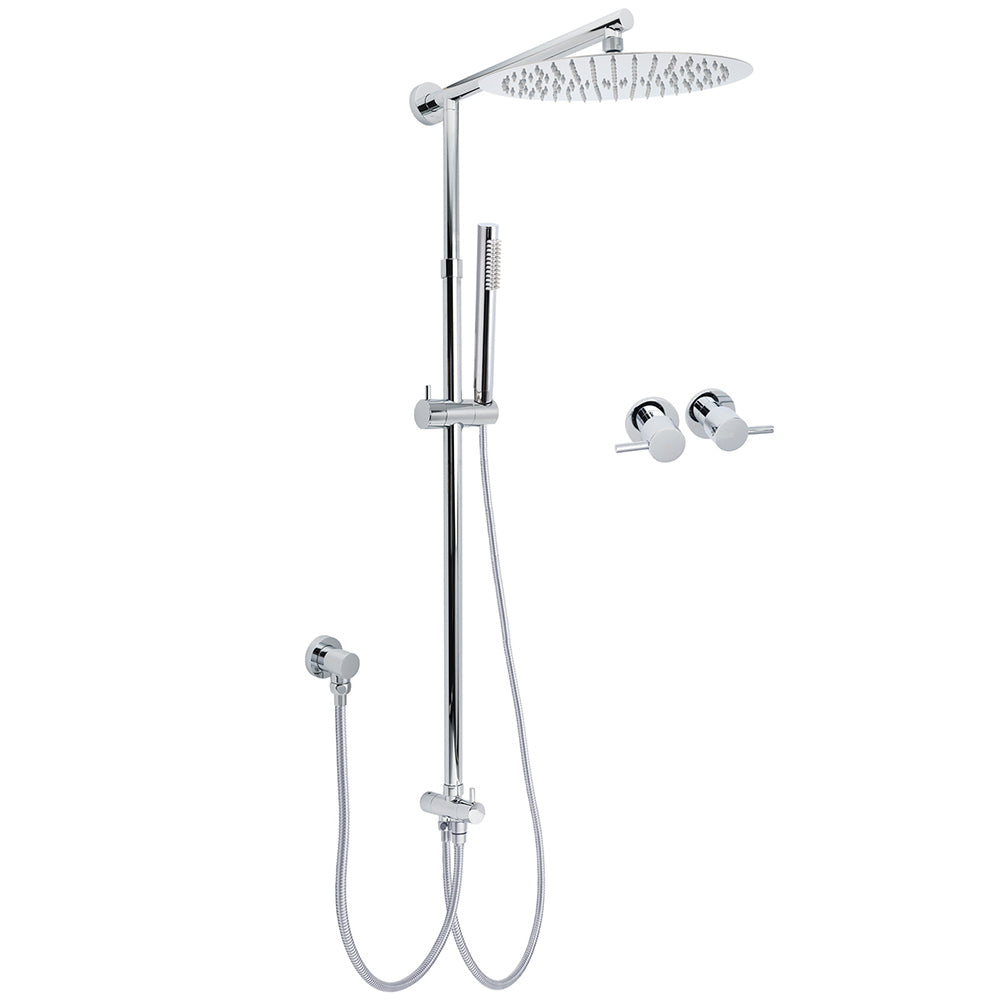 WELS Round Large 12" Rain 2in1 Shower Head Stainless Steel Handheld Wall Rail Brass Twin Taps Set