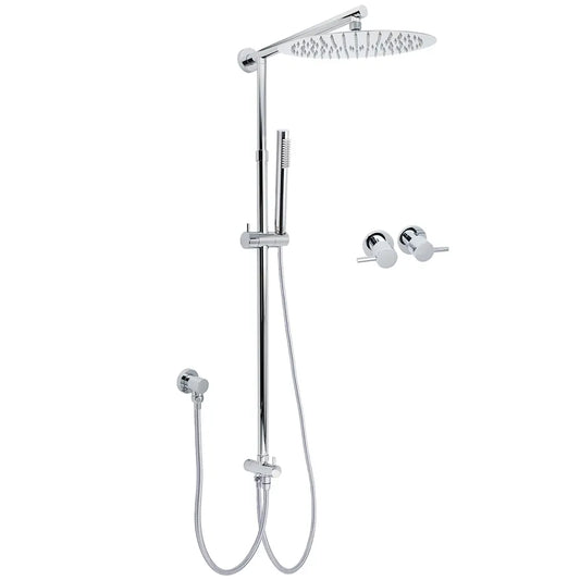 WELS Round Large 12" Rain 2in1 Shower Head Stainless Steel Handheld Wall Rail Brass Twin Taps Set
