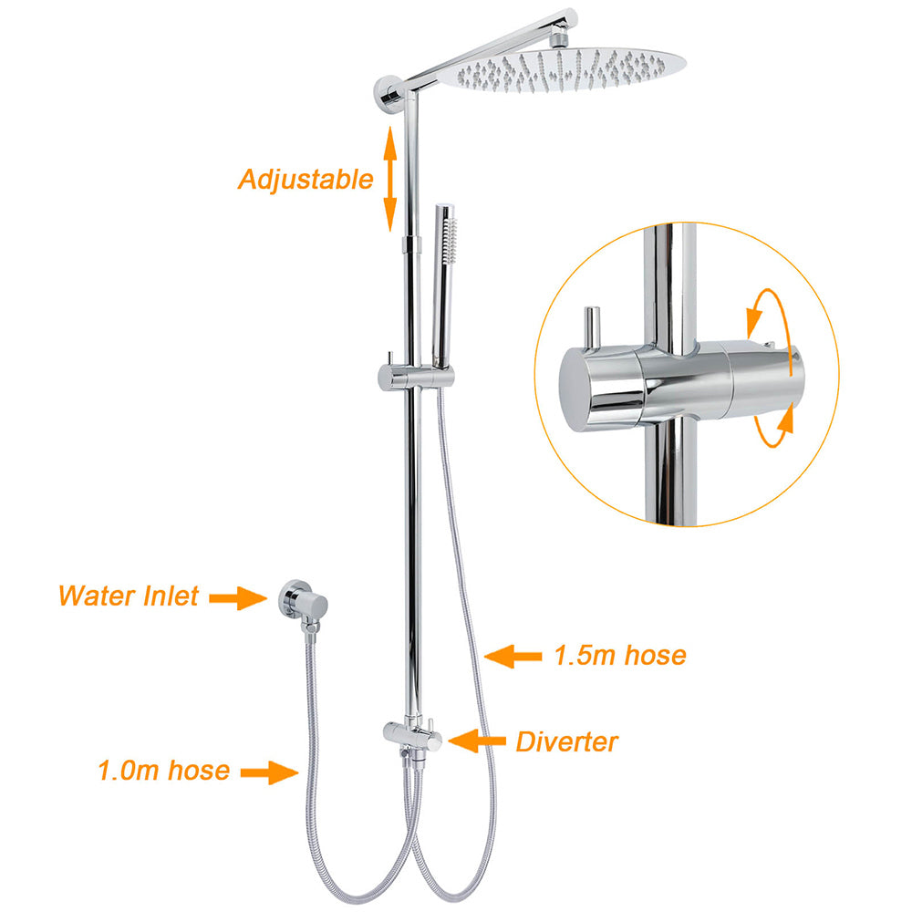 WELS Round Large 12" Rain 2in1 Shower Head Stainless Steel Handheld Wall Rail Brass Twin Taps Set - Image 2