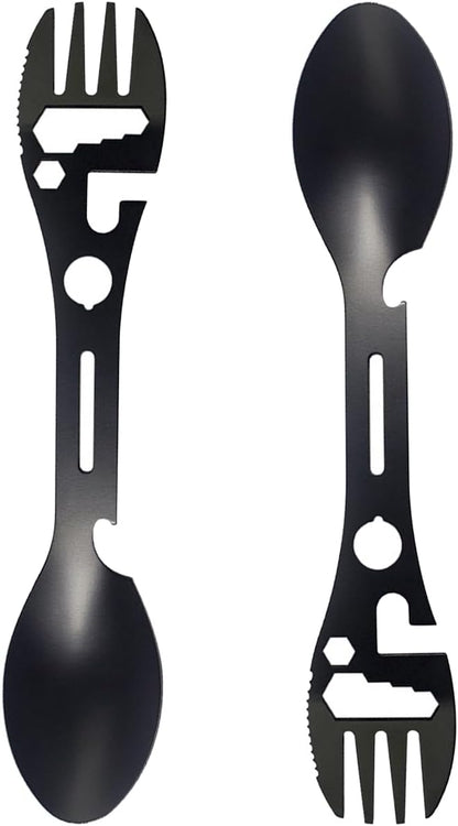 Stainless Steel Spoon and Fork - 10-in-1 Multi-Tool - Works as a combination spoon, fork, knife, bottle opener and wrench - Ideal for picnics, travel, backpacking, hiking and fishing - Black - Image 3