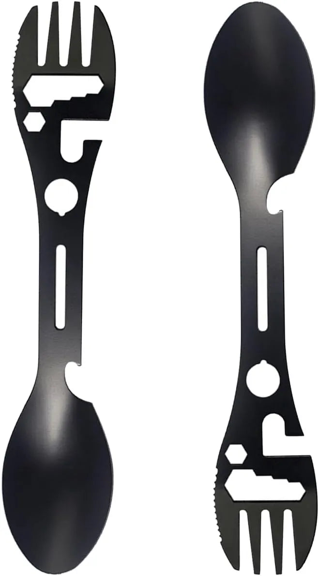 Stainless Steel Spoon and Fork - 10-in-1 Multi-Tool - Works as a combination spoon, fork, knife, bottle opener and wrench - Ideal for picnics, travel, backpacking, hiking and fishing - Black - Image 3