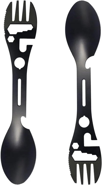 Stainless Steel Spoon and Fork - 10-in-1 Multi-Tool - Works as a combination spoon, fork, knife, bottle opener and wrench - Ideal for picnics, travel, backpacking, hiking and fishing - Black - Image 3