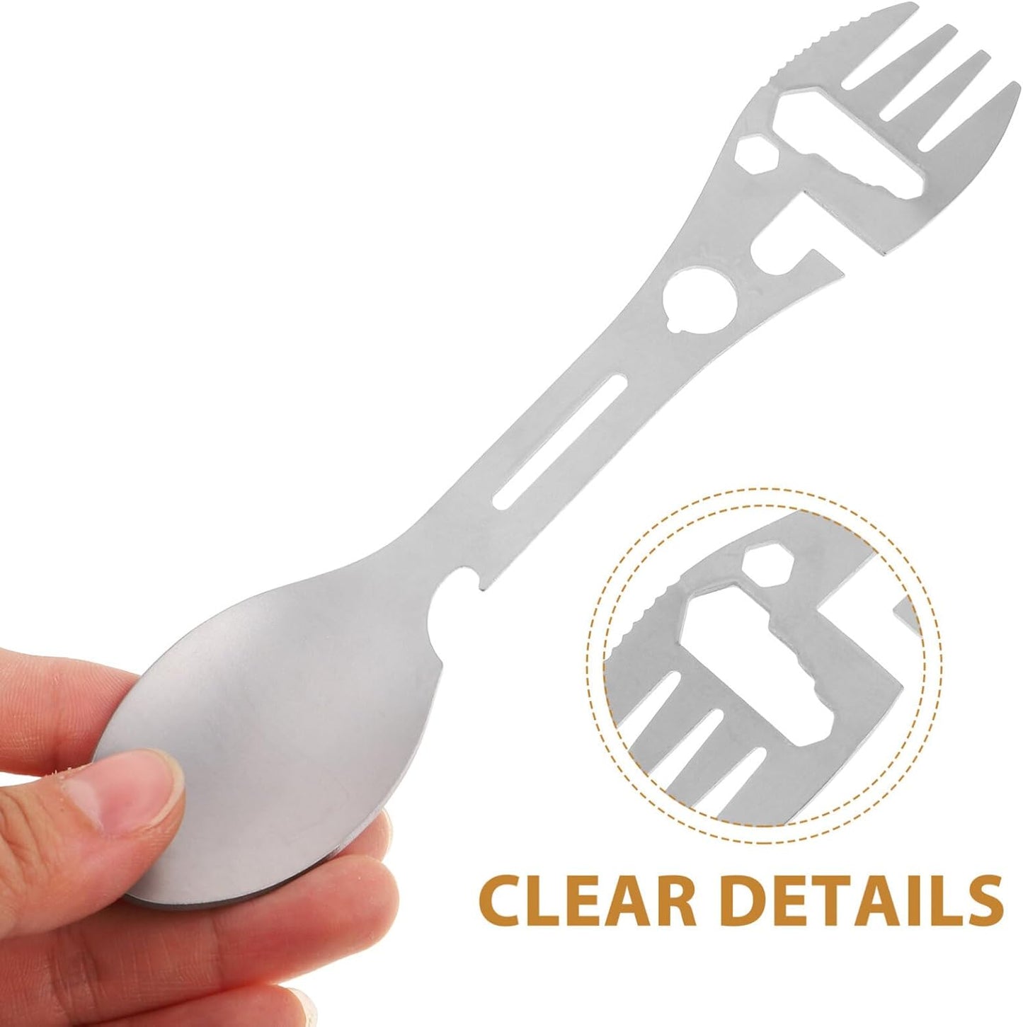 Stainless Steel Spoon and Fork - 10-in-1 Multi-Tool - Works as a combination spoon, fork, knife, bottle opener and wrench - Ideal for picnics, travel, backpacking, hiking and fishing - Silver - Image 4