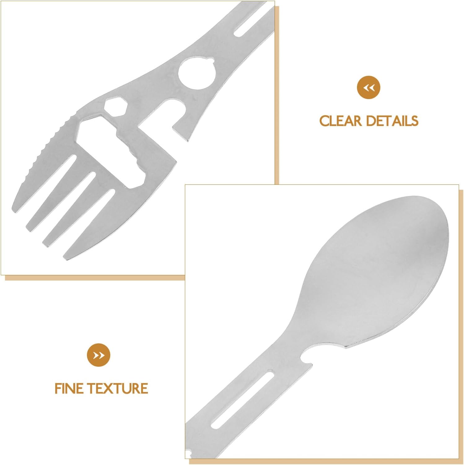 Stainless Steel Spoon and Fork - 10-in-1 Multi-Tool - Works as a combination spoon, fork, knife, bottle opener and wrench - Ideal for picnics, travel, backpacking, hiking and fishing - Silver - Image 5