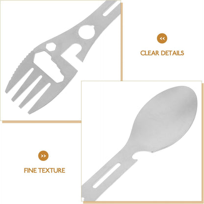 Stainless Steel Spoon and Fork - 10-in-1 Multi-Tool - Works as a combination spoon, fork, knife, bottle opener and wrench - Ideal for picnics, travel, backpacking, hiking and fishing - Silver - Image 5