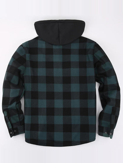 Men's Plaid Shirt Padded Warm Lined Plaid Shirts Men's Casual Plaid Shirt with Pockets Men's Hooded Plaid Jacket Green XL - Image 2