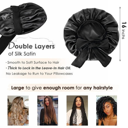 Satin Cap Silk Cap For Sleeping Double Layer Satin Lined Hair Cap With Ribbon Bonnet For Women Naturally Curly Hair Black black - Image 3