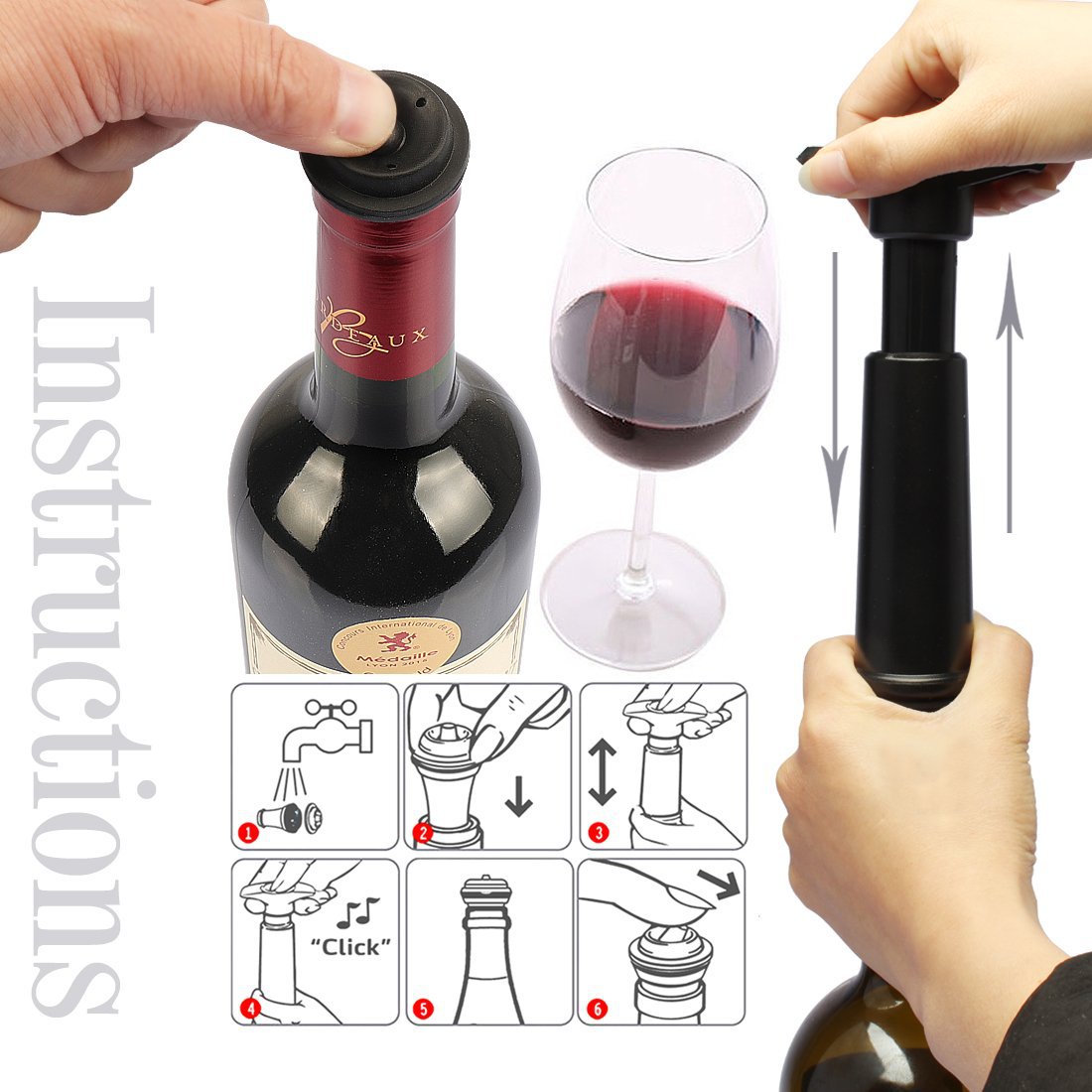 Vacu Vin Black Pump with Wine Saver Stoppers - Keeps Wine Fresh - Image 4