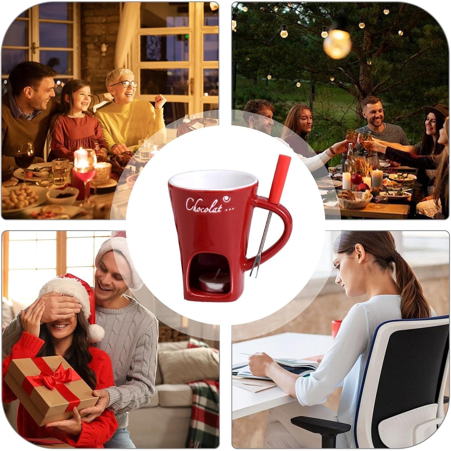 Tealight Fondue Set, Ceramic Melting Pot for Chocolate and Dessert Red - Image 5