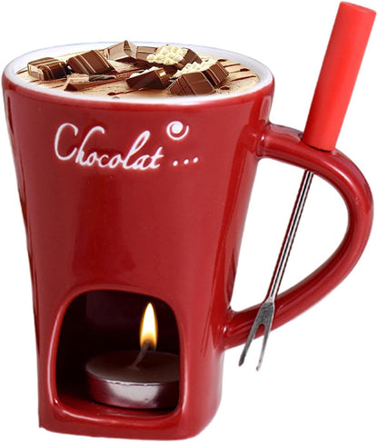 Tealight Fondue Set, Ceramic Melting Pot for Chocolate and Dessert Red - Image 8
