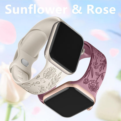 Watch strap compatible with iwatchS9 876SE Apple Watch, embossed small rose silicone, rose color - blue-grey Rose - blue-grey 38/40/41mm - Image 3