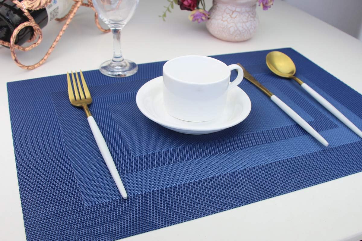 Placemats, Washable Woven Vinyl Placemats for Dining Tables, Easy to Clean Plastic Placemats Set of 6 (18 X12 Inch, Navy Blue) - Image 2