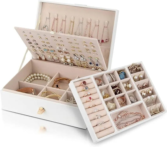 Jewelry Box Organizer for Necklaces, Earrings, Bracelets, Rings, Large PU Leather Jewelry Box with 3 Stackable Layers (White) - Image 2