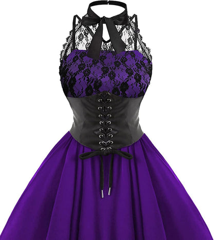 Sleeveless Gothic Lace Dress for Women 80s Party Dress Corset Halter Lace Swing Cocktail Purple XXL - Image 3