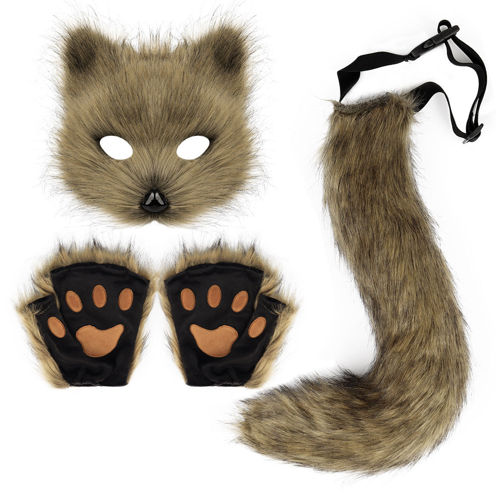 Halloween costume simulation fox mask gloves plush fox tail handmade animal tail cosplay props accessories Red, brown and white three-piece set One Size - Image 2