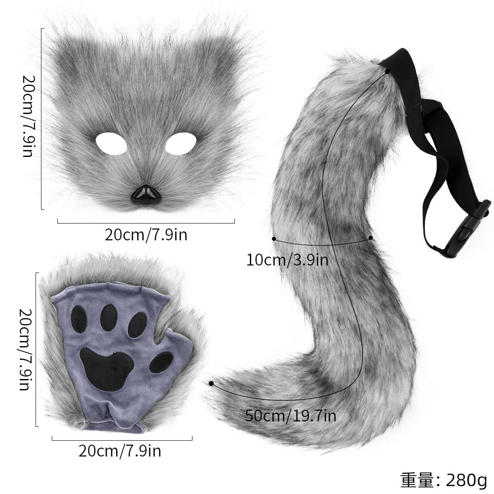 Halloween costume simulation fox mask gloves plush fox tail handmade animal tail cosplay props accessories Red, brown and white three-piece set One Size - Image 5