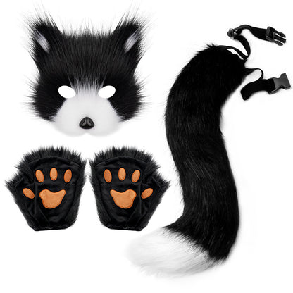 Halloween costume simulation fox mask gloves plush fox tail handmade animal tail cosplay props accessories Red, brown and white three-piece set One Size - Image 6