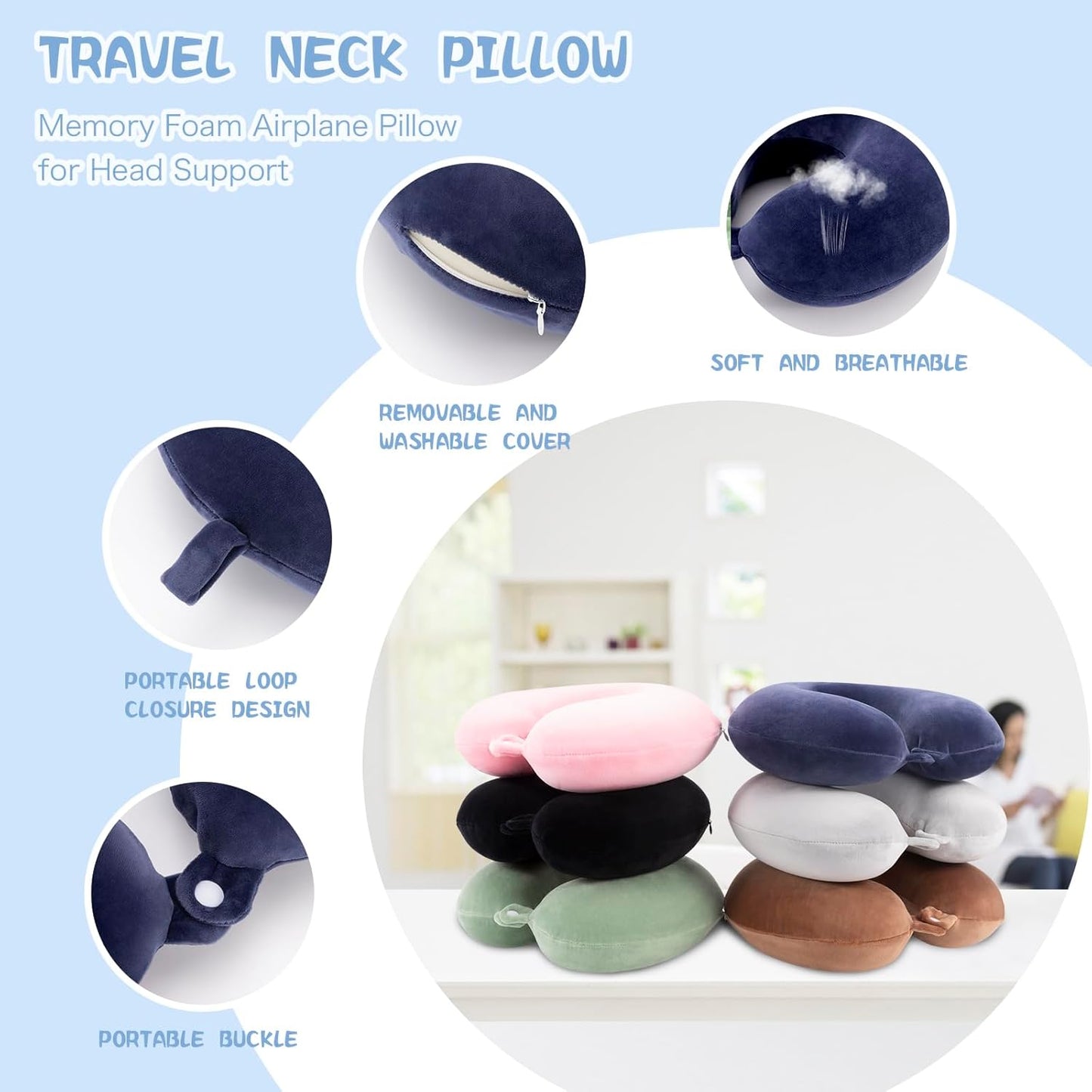 Travel Pillow Neck Pillow Memory Foam Travel Pillows Head Support Pillow for Airplane Train Car Office Travel Essential Flight Pillows for a Long Time Navy Blu Navy Blue One Size - Image 2