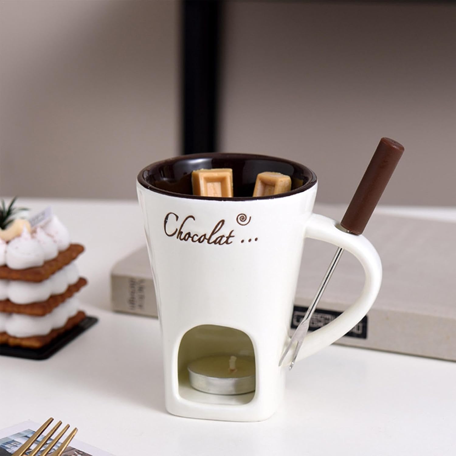 Tealight Fondue Set, Ceramic Melting Pot for Chocolate and Dessert Beige - Image 4