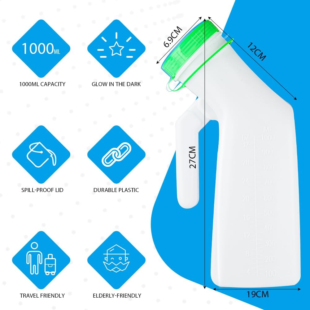 Urinal Bottle for Men, Glow-in-the-Dark 1000ml Pee Bottle for Travel & Incontinence Green - Image 4