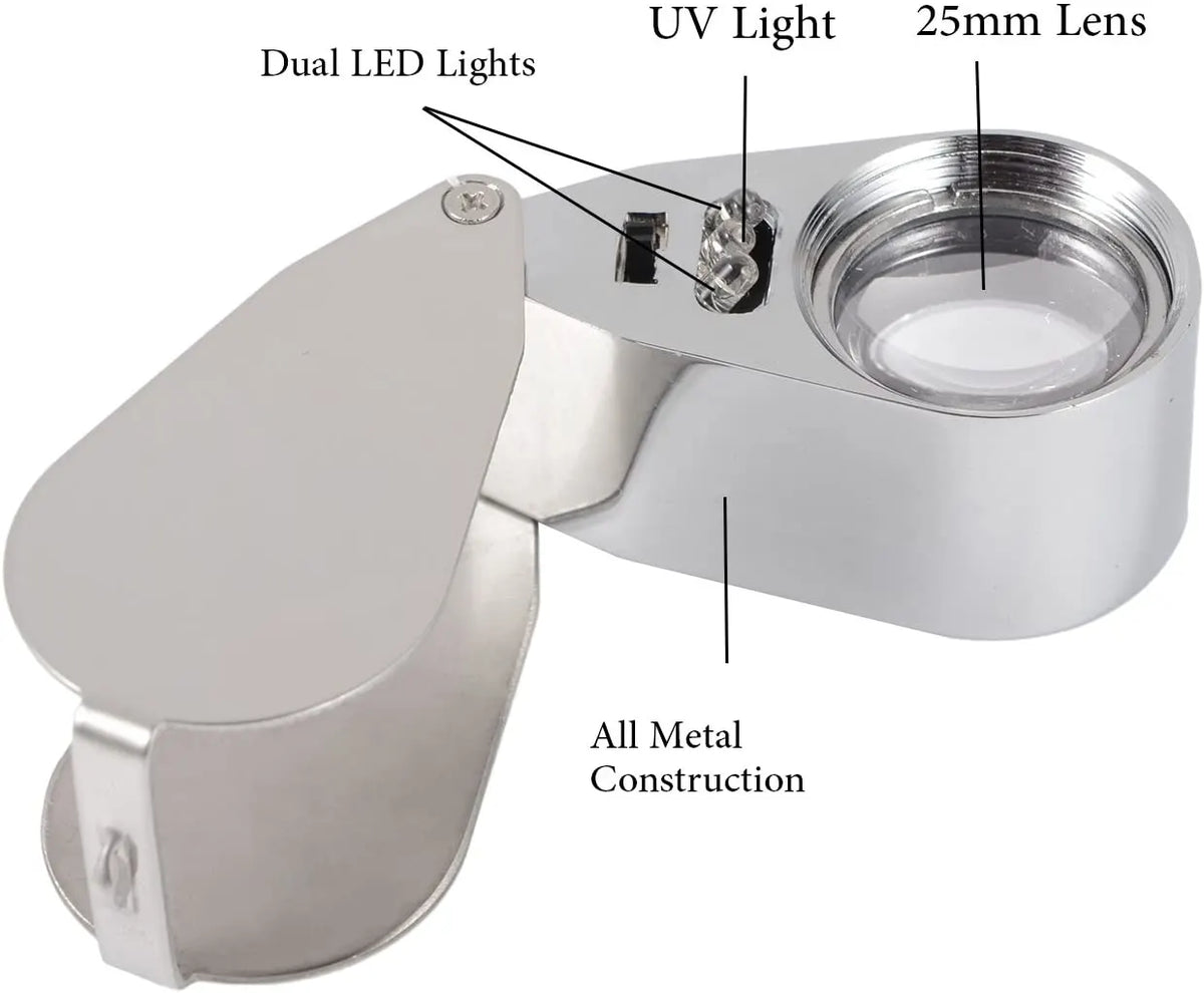 Jewelers Loupe 40X Magnification Metal Foldable Loupe with LED & UV Light - Image 3