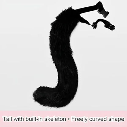 Plush mask with fox tail and ears set, cat tail fox costume cosplay costume with cat ears and paw gloves halloween cosplay gray grey - Image 5