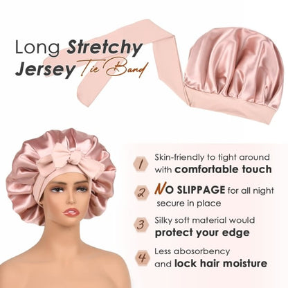Satin Hat Silk Hat for Sleep Double Layer Satin Lined Hair Cap With Tie Caps For Women Naturally Curly Hair Pink - Image 4