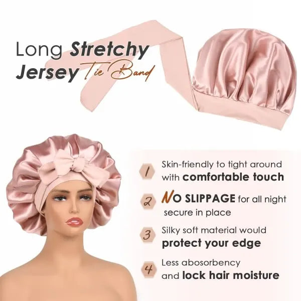 Satin Hat Silk Hat for Sleep Double Layer Satin Lined Hair Cap With Tie Caps For Women Naturally Curly Hair Pink - Image 4