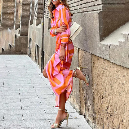 Women's Plus Size Long Sleeve Printed Lapel Tie Shirt Wrap Midi Dress (Orange and Pink S) - Image 3