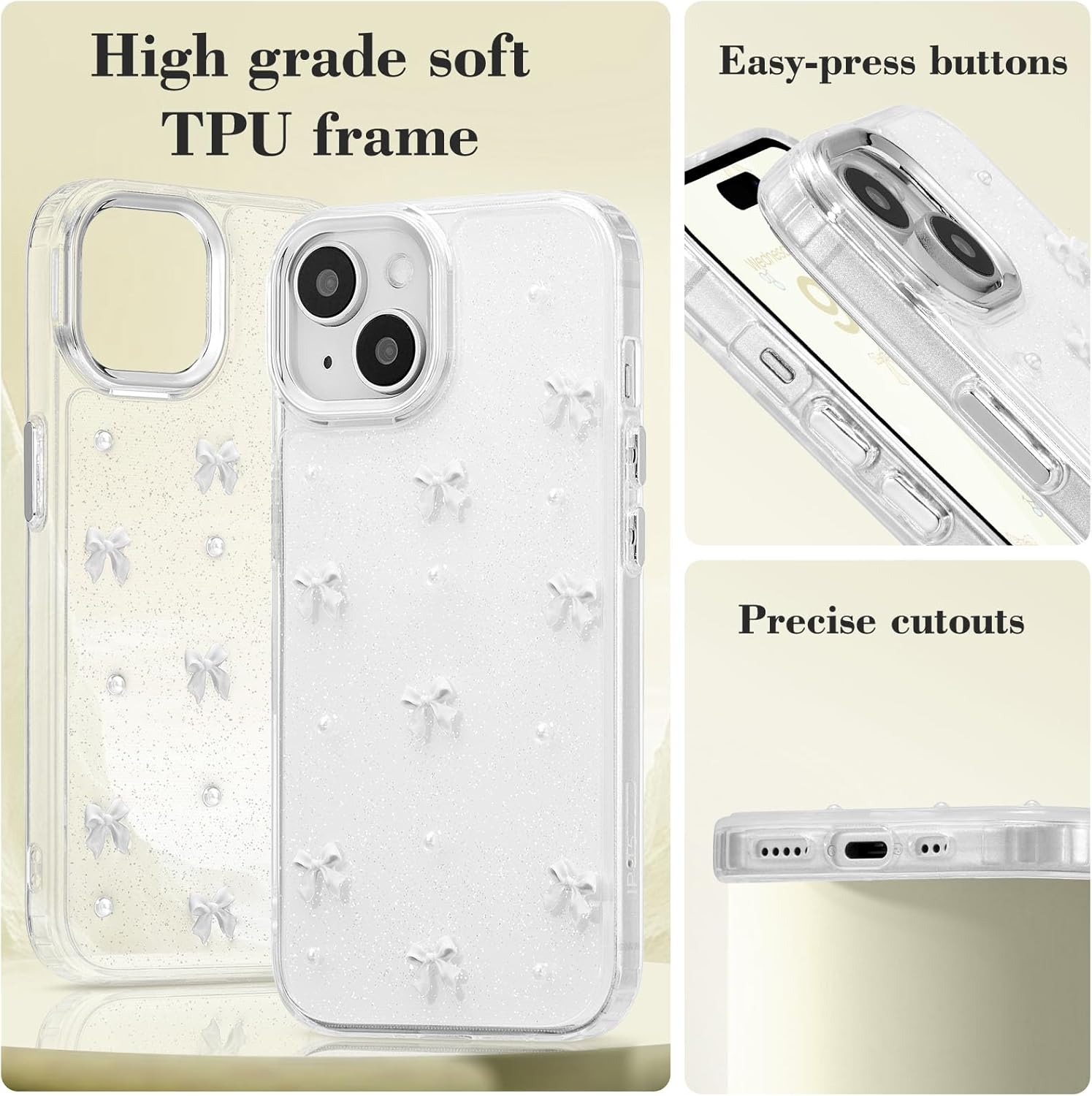 Phone Case Compatible with iPhone 15, Shiny 3D Bowknot Phone Case, Cute Transparent Bowknot, Thin, Soft and Durable, White iPhone 15 - Image 4