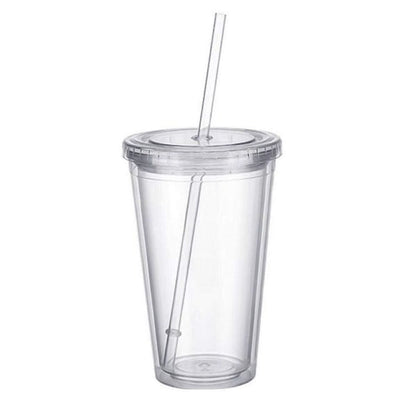 Double-walled plastic mug with lid and straw, insulated coffee mug, 500 ml, transparent – max
