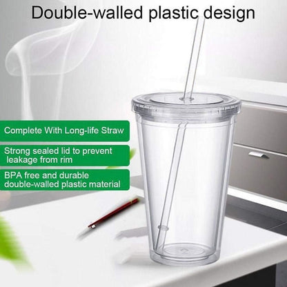 Double-walled plastic mug with lid and straw, insulated coffee mug, 500 ml, transparent – max - Image 2