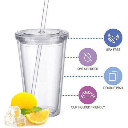 Double-walled plastic mug with lid and straw, insulated coffee mug, 500 ml, transparent – max - Image 4