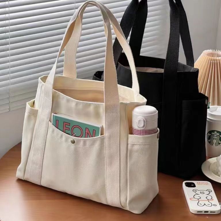 Large Capacity Canvas Tote Bag for Work Travel Carry Bag College Style Student Outfit Book Shoulder Bag Brown - Image 2