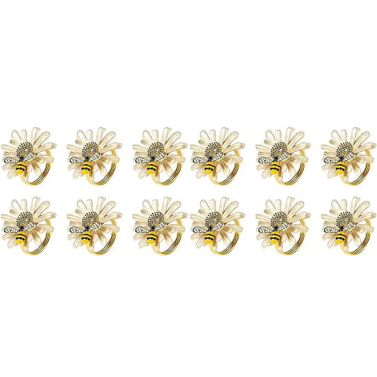 Set of 12 Daisies and Sunflowers Napkin Rings, Gold Napkin Ring Holders with Bees for Formal or Casual Dining