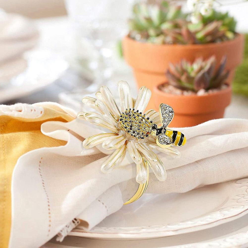 Set of 12 Daisies and Sunflowers Napkin Rings, Gold Napkin Ring Holders with Bees for Formal or Casual Dining - Image 3